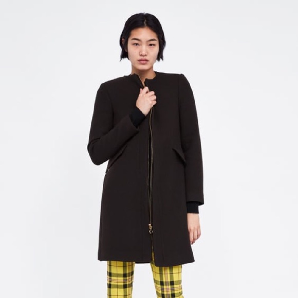 dark brown zip up coat zipper Zara winter coat